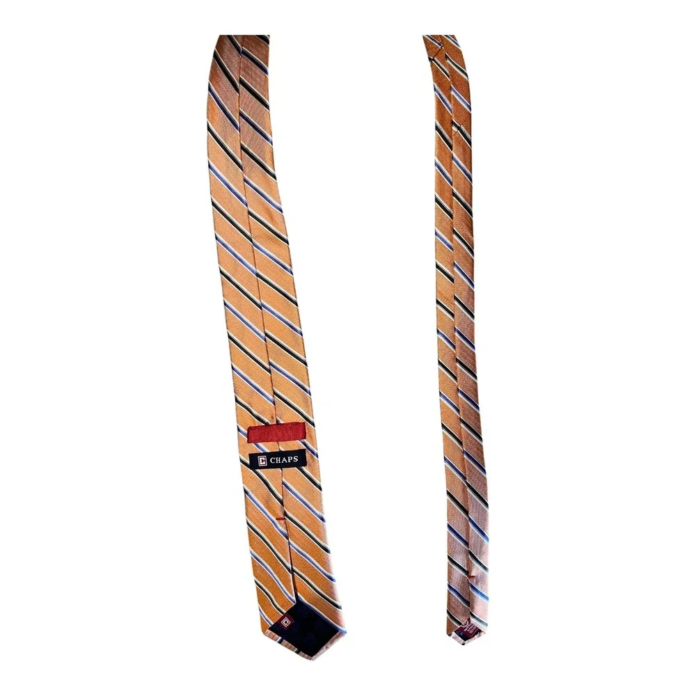 Chaps Mens Silk Necktie‎ Orange Navy Blue White Diagonal Striped Hand Made Tie
